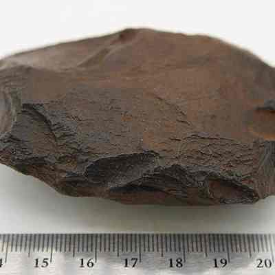 Basalt adze blank with ruler: The image shows a roughly textured, dark brown stone tool with chipped edges placed beside a measuring ruler displaying centimeters.