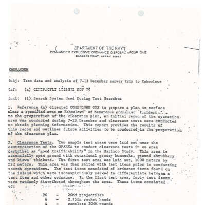 PDF copy of memorandum regarding test data & analysis for a December survey trip in an unknown year: The document is a memorandum from the Department of the Navy regarding test data analysis of a survey trip to Kaho'olawe.