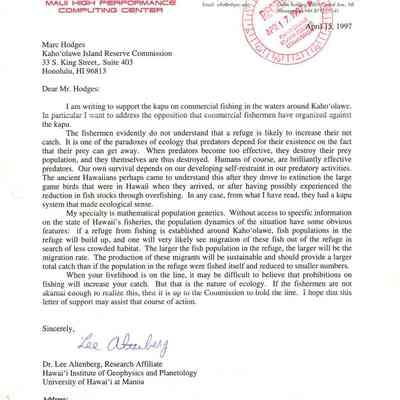 Letter to Marc Hodges from Dr. Lee Altenberg