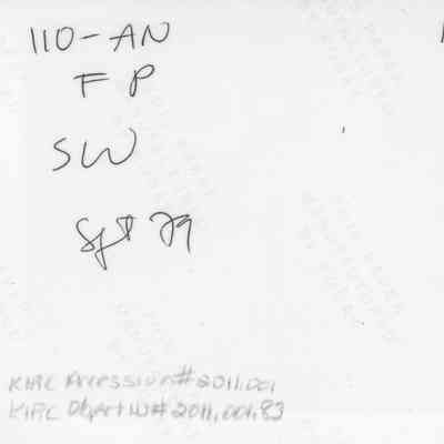 Back of photo (KIRC Object ID#2011.001.83): The image displays handwritten notes and codes, including "110-AN FP," "B-179 #27," and "A2-3-1/17.8"