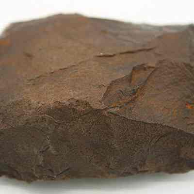 Basalt adze blank: The image shows a dark, rough-textured, and irregularly shaped rock with a brown, rusty appearance on a plain, light background.