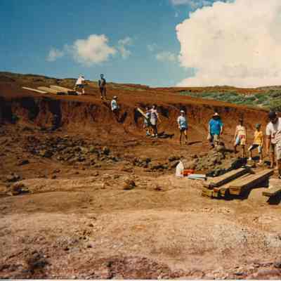 Volunteers moving lumber via human chain