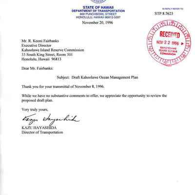 Letter to Mr. R. Keoni Fairbanks, Executive Director, Kahoolawe Island Reserve Commission from Kazu Hayashida, Director of Transportation, State of Hawai'i