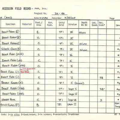 Page 2 of artifact accession field record--Site 569B&C: The image displays an artifact accession field record detailing various basalt flake specimens, materials, depths, and other excavation data from site 58A.