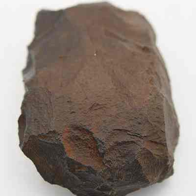 Closeup lengthwise of a basalt adze blank: The image shows a roughly textured, dark brown stone with jagged edges, resembling an ancient tool or artifact, displayed against a plain white background.