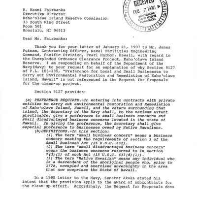 Letter from Steven S. Honigman, General Counsel of the Navy, to R. Keoni Fairbanks, Executive Director, Kaho'olawe Island Reserve Commission re: request for an explanation of why Akaka Amendment not referenced in Request for Proposals for the Clean-up.
