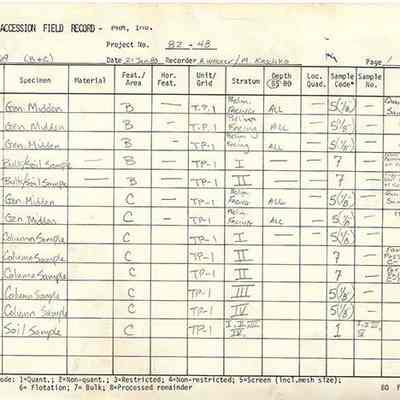 Page 3 of sample accession field record: The image shows a sample accession field record with details like specimen types, features, unit grid, stratums, and sample codes, filled for various sites.