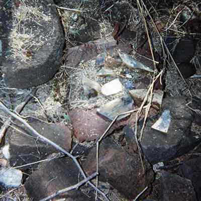 Scatter of porcelain shards, metal object and lithics