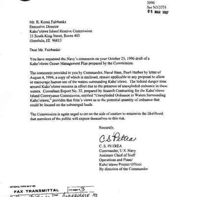 Faxed letter to Mr. R. Keoni Fairbanks from C.S. Petrea