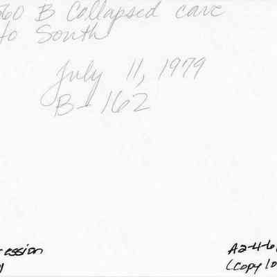 2011.001.214a: The image shows handwritten notes stating "Site 560 B Collapsed cave to South," dated July 11, 1979, with an accession number.
