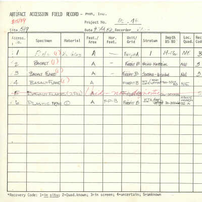 Artifact Accession Field Record for Site 549: The image shows an artifact accession field record detailing various specimens, their materials, and excavation information.