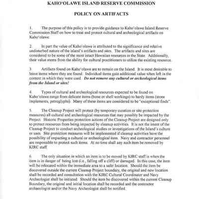 Interim Guidance, Kaho'olawe Island Reserve Commission, Policy on Artifacts