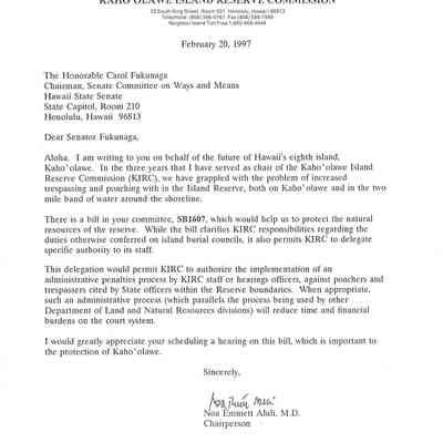Letter to Senator Fukunaga regarding Senate Bill 1607