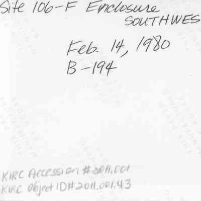 Back of enclosure photo: The image shows handwritten notes with details including "Site 106-F Enclosure SOUTHWEST," dated "Feb. 14, 1980."