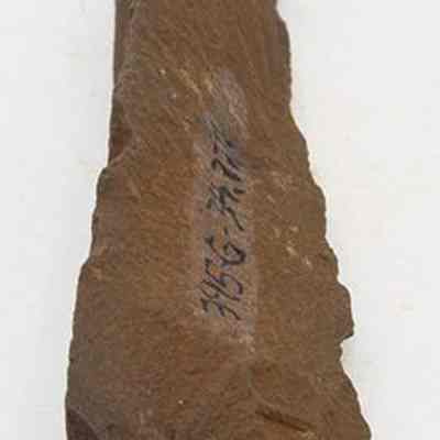 Lengthwise view of basalt awl with alternate id number visible: The image shows a stone awl, long and narrow with a pointed end, likely used for piercing or crafting, bearing visible markings on its surface.