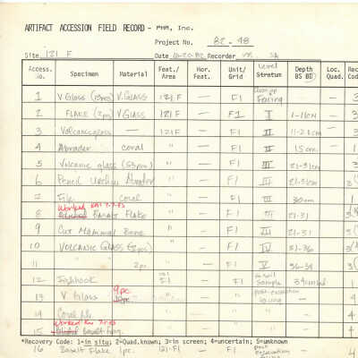 Artifact Accession Field Record for Site 121 Feature F: The image displays an artifact accession field record sheet listing various specimens, materials, and excavation details.