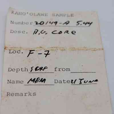 Artifact slip for basaltic glass core: The image shows an artifact slip labeled "Kahoʻolawe Sample" with details like number, description, location, depth, name, and date.