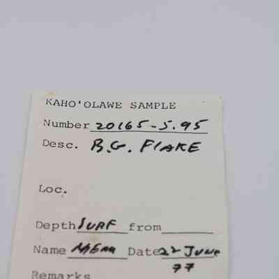 Artifact slip for basaltic glass flake: The image shows an artifact slip labeled "Kaho'olawe Sample," with details including number 20165-5.95, description as B.G. Flake