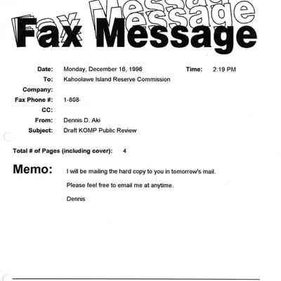 Facsimile from Dennis D. Aki regarding Draft Kahoolawe Management Plan, Public Review