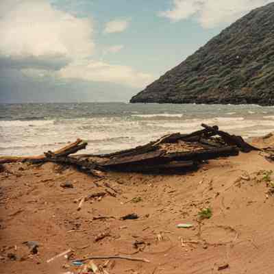 Remains of metal railroad ties on Kanapou Beach