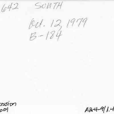 Back of photo #2011.001.199: The image shows handwritten notes on a white background, including "Site 642 South," "Oct. 12, 1979," "B-184."