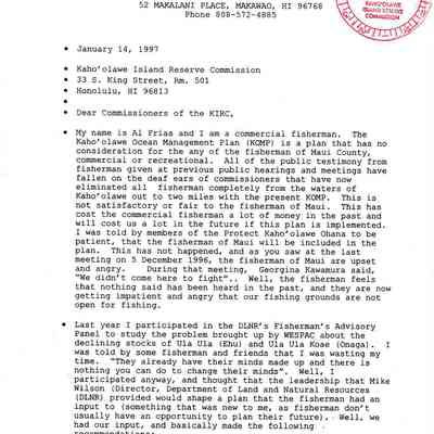 Letter to Kaho'olawe Island Reserve Commission from Al Frias