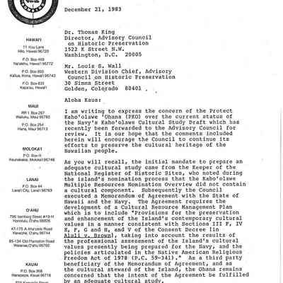 Letter regarding Navy's Kaho'olawe Cultural Study Draft