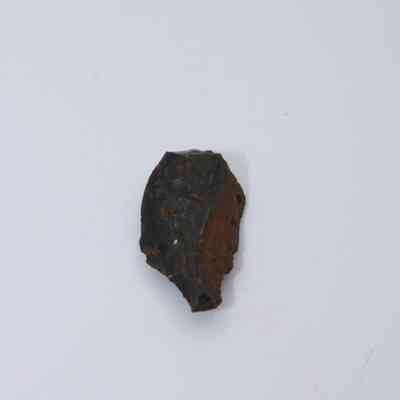 Closeup of basaltic glass flake: The image shows a small, dark basaltic glass flake with shiny surface details and rough, uneven edges, contrasting against a plain white background.