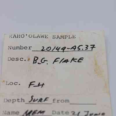 Artifact slip for basaltic glass flake: The image shows an artifact slip labeled "Kaho'olawe Sample" with details like number, description, location, and date.