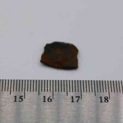 Closeup of basaltic glass flake with ruler: The image shows a small basaltic glass flake placed on a white surface, next to a metal ruler for measurement.