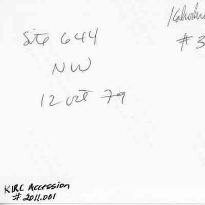 Back of a photo of a potential shrine (KIRC Object ID #2011.001.200): The image contains handwritten notes with details like Site number 644, date 12 Oct 79, KIRC accession number 2011.001.