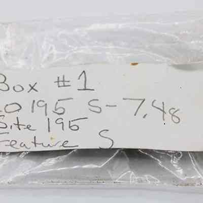 Artifact bag label for shell: The image shows a clear plastic bag with a white label attached, containing handwritten details such as "Box #1," "Site 195," and other information.