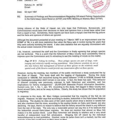 Memo to Kaho'olawe Island Reserve Commission from Dennis D. Aki