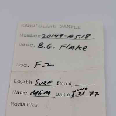 Artifact slip for glass flake: The artifact slip provides details about a sample from Kaho'olawe, described as a "B.G. Flake," located at "F-2" at Site 149A.