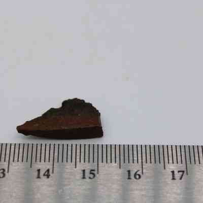 Closeup of basaltic glass flake with ruler: A small brown basaltic glass flake rests near a ruler on a plain white background.