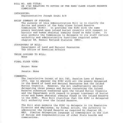 Comments and Recommendations on Bills Passed