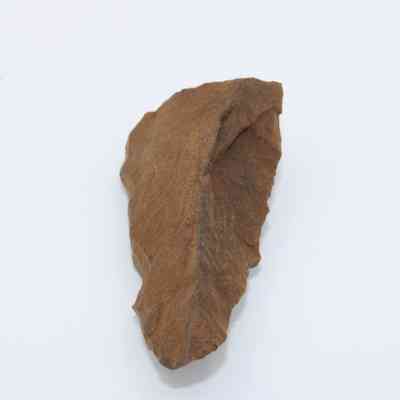 Lengthwise view of a possible auger: The image shows a rough, stone-like object that possibly resembles an ancient auger, with uneven edges and a pointed tip.