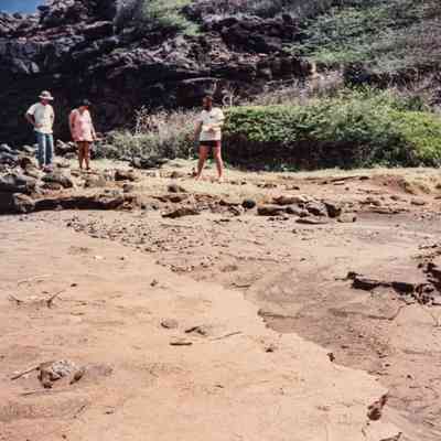 People standing on shallow sandy ledge