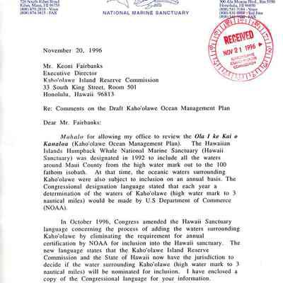 Letter to Mr. R. Keoni Fairbanks, Executive Director, Kahoolawe Island Reserve Commission, from Allen Tom, Sanctuary On-site Liaison, Hawaiian Humpback Whale National Marine Sanctuary