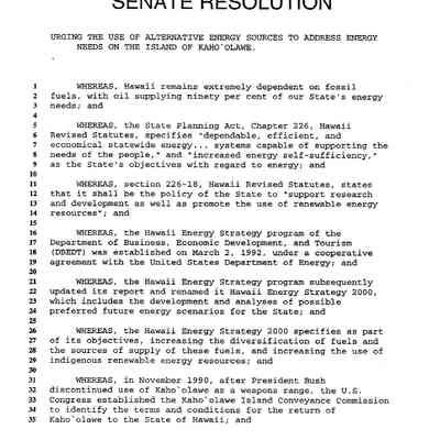 Senate Resolution No. 54 Senate Draft (S.D.) 1 Urging the Use of Alternative Energy Sources to Address Energy Needs on the Island of Kaho'olawe