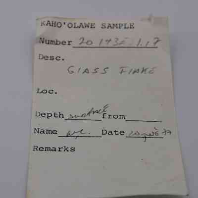 Artifact slip for glass flake: The image shows an artifact slip labeled "Kaho'olawe Sample," describing a "glass flake" with various fields filled out, including date.