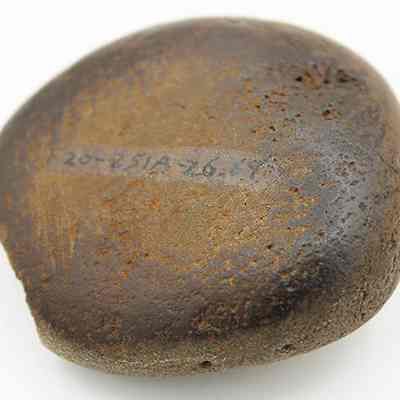 Closeup of basalt hammerstone with visible alternate id number: The image shows an oval, brown, stone-like object with a smooth surface and a worn texture, featuring faint inscriptions or markings on it, placed against a white background.