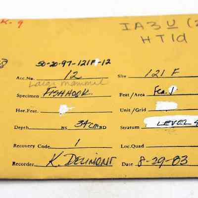 Artifact envelope for fishhook: The image shows a yellow envelope with handwritten and printed archaeological specimen information, including site details and recorder's name.