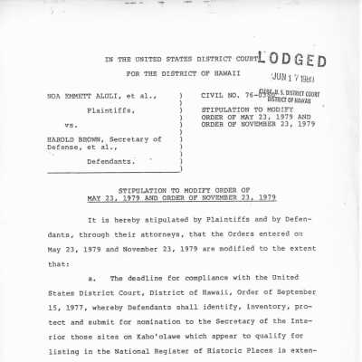 Stipulation to Modify Order: This document is a U.S. District Court stipulation to modify orders from 1979, involving Noa Emmett Aluli and Harold Brown.