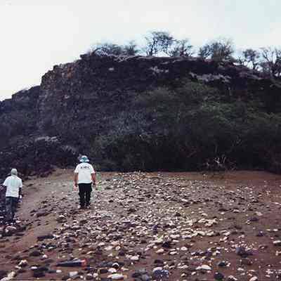 Two people walking along beach at Kaulana