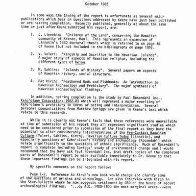 Review of D.T.P. Keene "Kaho'olawe Island, Hawaii Ethnic Siginficance Overview"