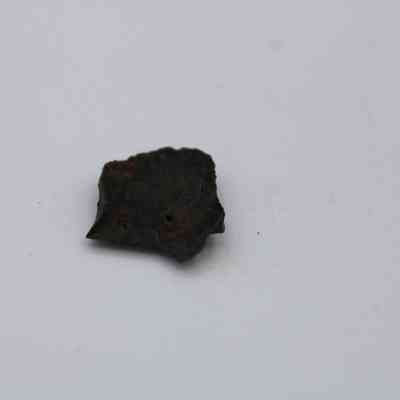 Closeup of very small basaltic glass flake: The image shows a small, dark basaltic glass flake with a slightly rough and uneven texture, placed against a light, plain background.
