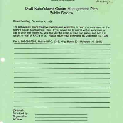 Draft Kaho'olawe Ocean Management Plan Public Review Comment Form