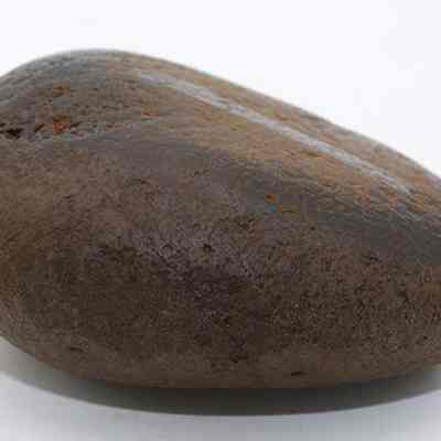 Closeup profile of a basalt hammerstone: The image shows a smooth, oval-shaped brown stone with subtle textures, placed against a plain white background, highlighting its natural, earthy appearance.