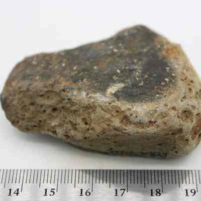 Basalt scraper with ruler: The image shows a weathered, roughly textured stone placed on a white background next to a measuring ruler.